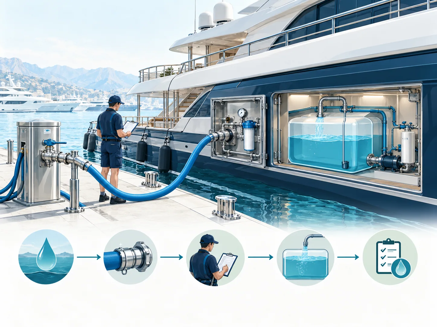 Educational illustration for Safe Water Bunkering & Onboard Water Hygiene