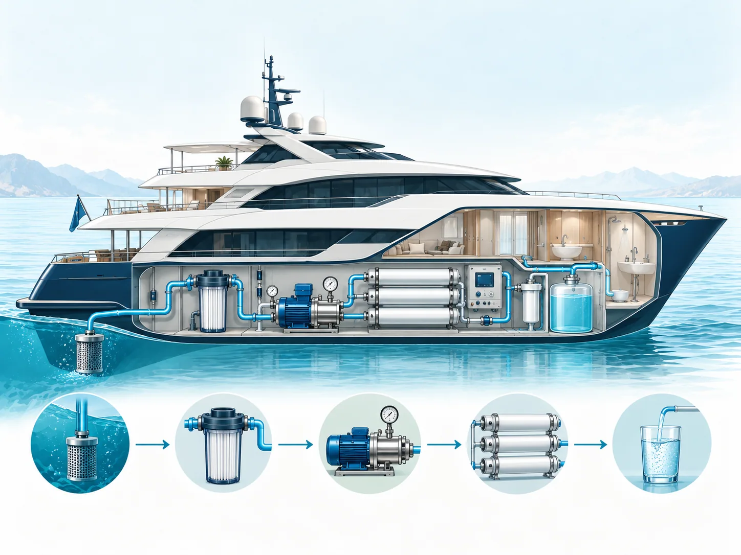 Educational illustration for Marine Watermakers & Reverse Osmosis