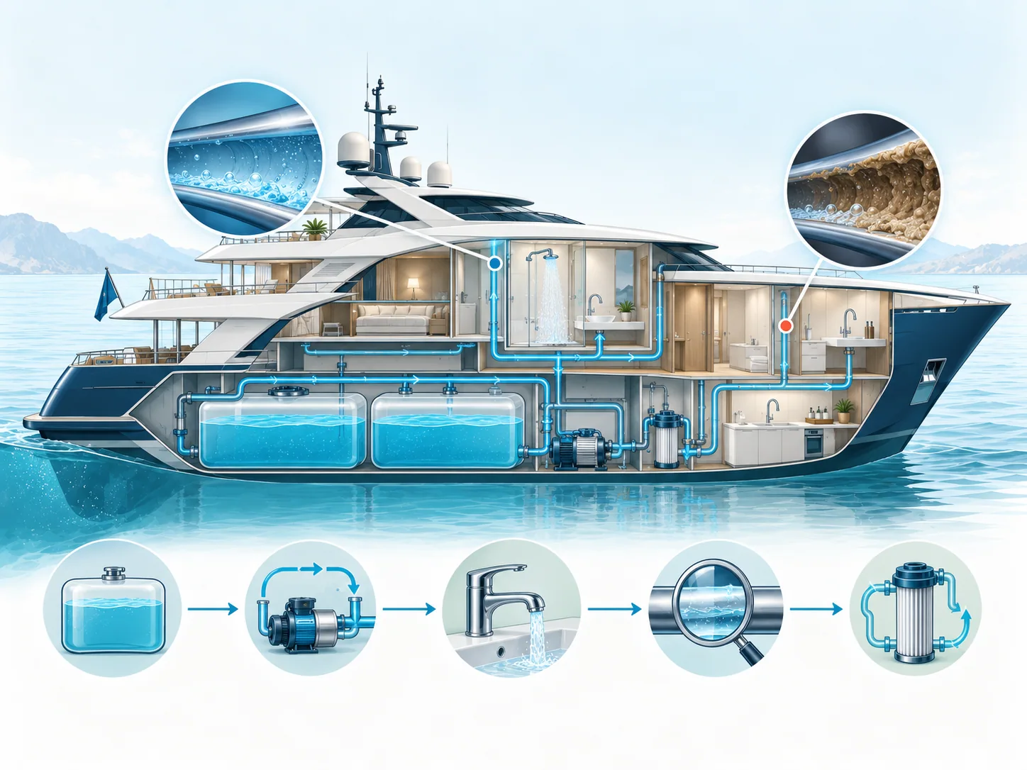 Educational illustration for Water Storage, Distribution & Biofilm Management