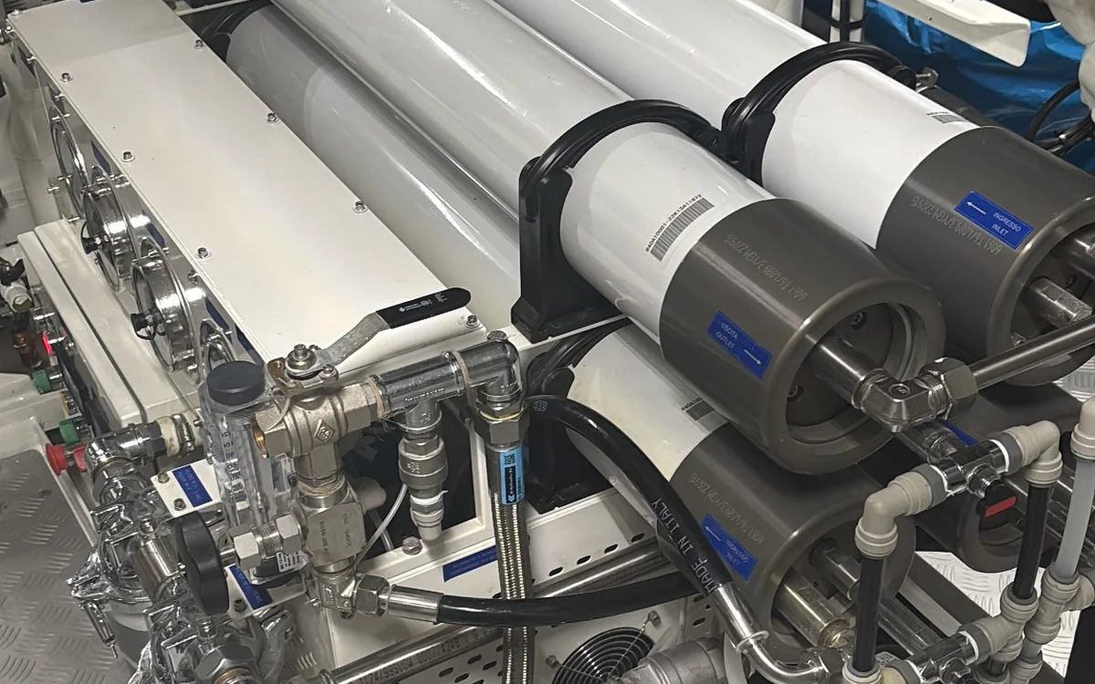 Actual reverse osmosis water treatment installation fitted inside a marine machinery space