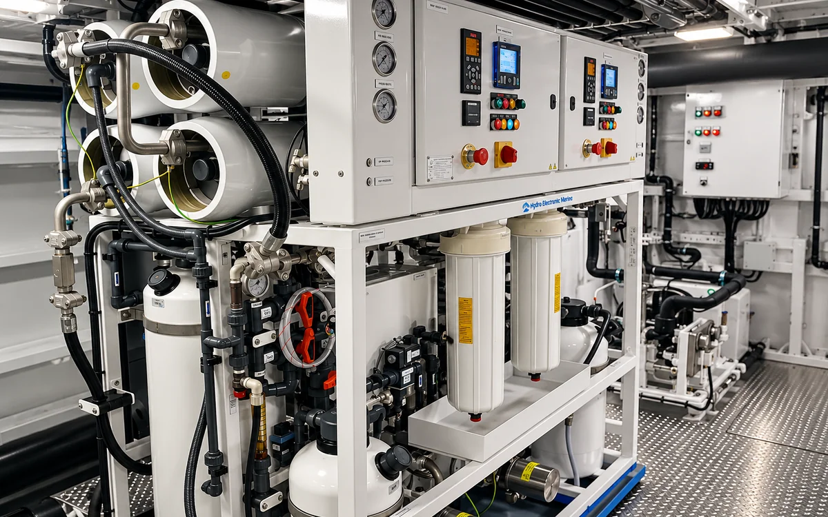 Marine water treatment installation in a compact technical compartment